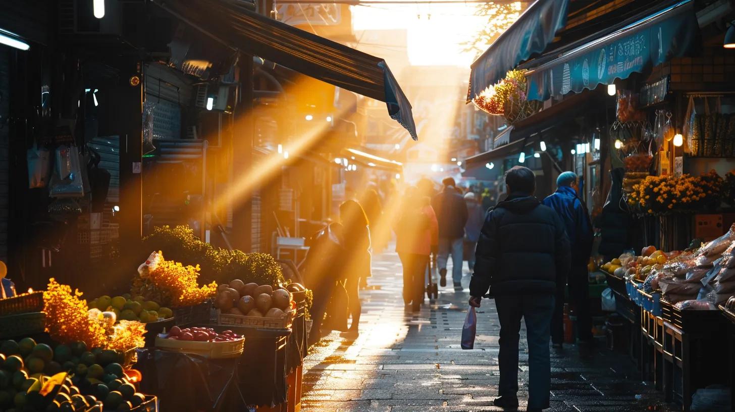 a vibrant local market scene bustling with small business owners engaging with customers, showcasing their products and community spirit under warm, inviting sunlight.
