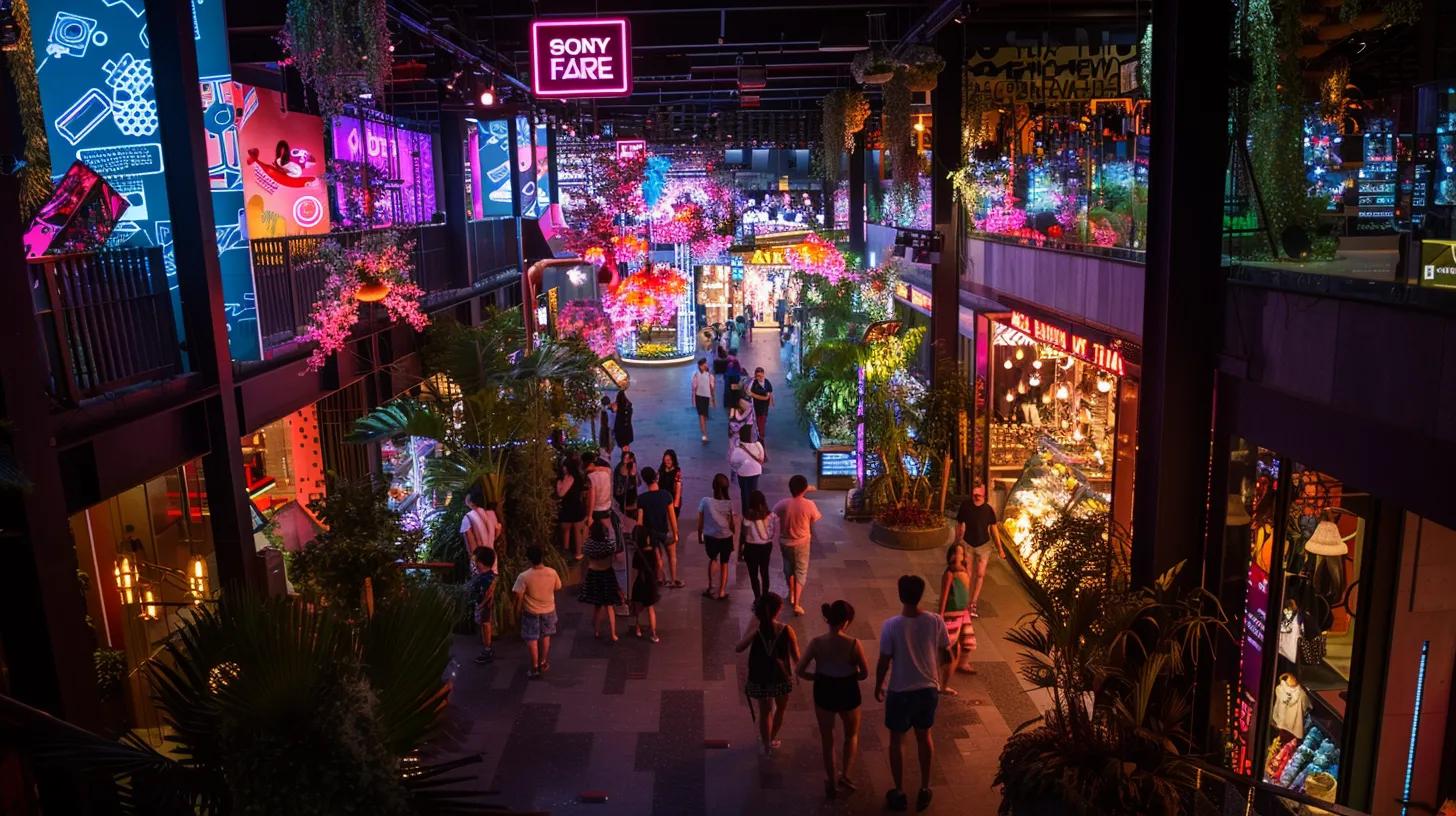 a vibrant marketplace bustling with enthusiastic customers engaging in interactive art installations and themed events, illuminated by warm, inviting lighting that showcases a local small business's unique promotions.