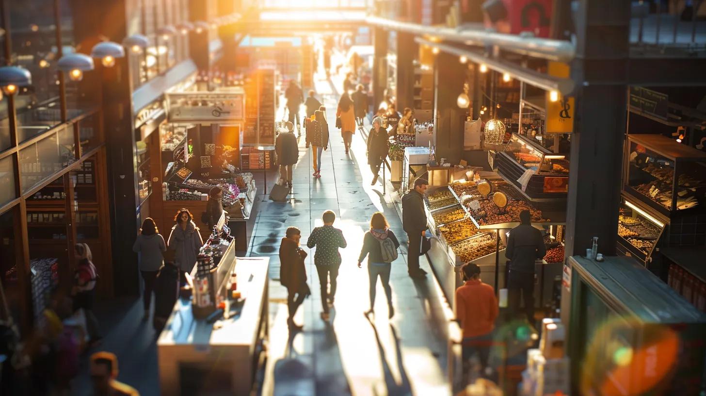 a vibrant marketplace bustling with small business owners showcasing their innovative marketing ideas through eye-catching displays and engaging interactions, bathed in warm, enticing sunlight.