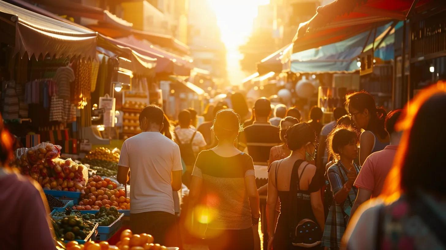 a vibrant marketplace bustling with diverse small business owners dynamically showcasing their adaptable products and innovative services amidst a backdrop of fluctuating market trends, captured in warm golden hour light to highlight their resilience and creativity.