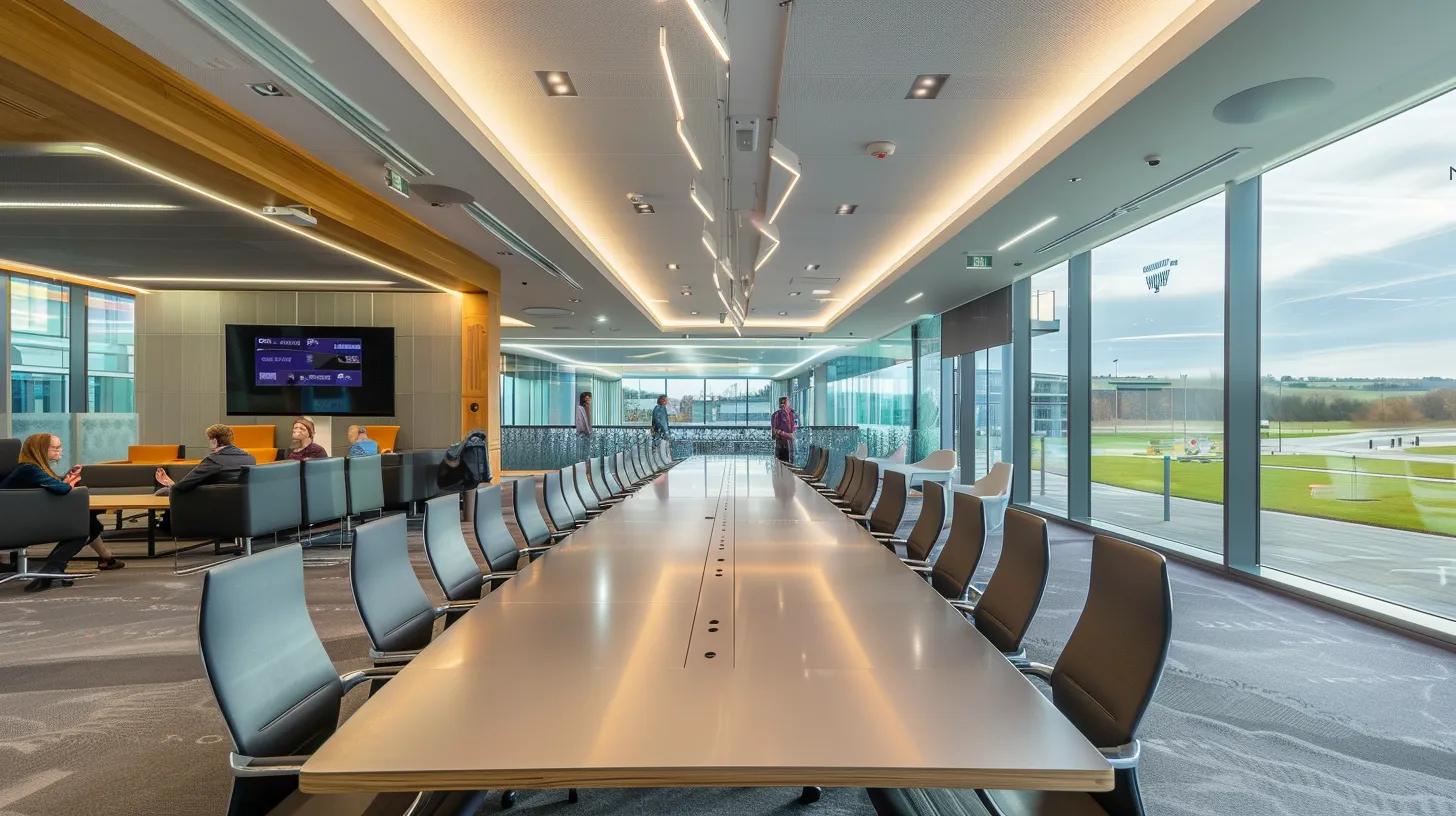 a vibrant, modern office scene showcasing employees engaged in dynamic training sessions, collaborating enthusiastically around a large table, with bright natural light flooding the space, symbolising investment in their development to drive performance.