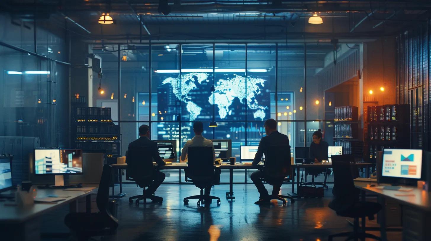 a vibrant office environment buzzing with energy, showcasing a diverse team brainstorming dynamic pay-per-click advertising strategies on large digital screens, illuminated by bright overhead lights that reflect their enthusiasm for small business marketing success.