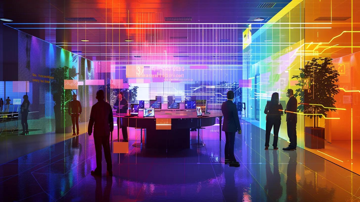 a vibrant office setting showcases a diverse group of professionals engaged in strategic discussions, surrounded by colourful graphs and charts, symbolising the efficient segmentation of audiences for impactful email marketing campaigns.