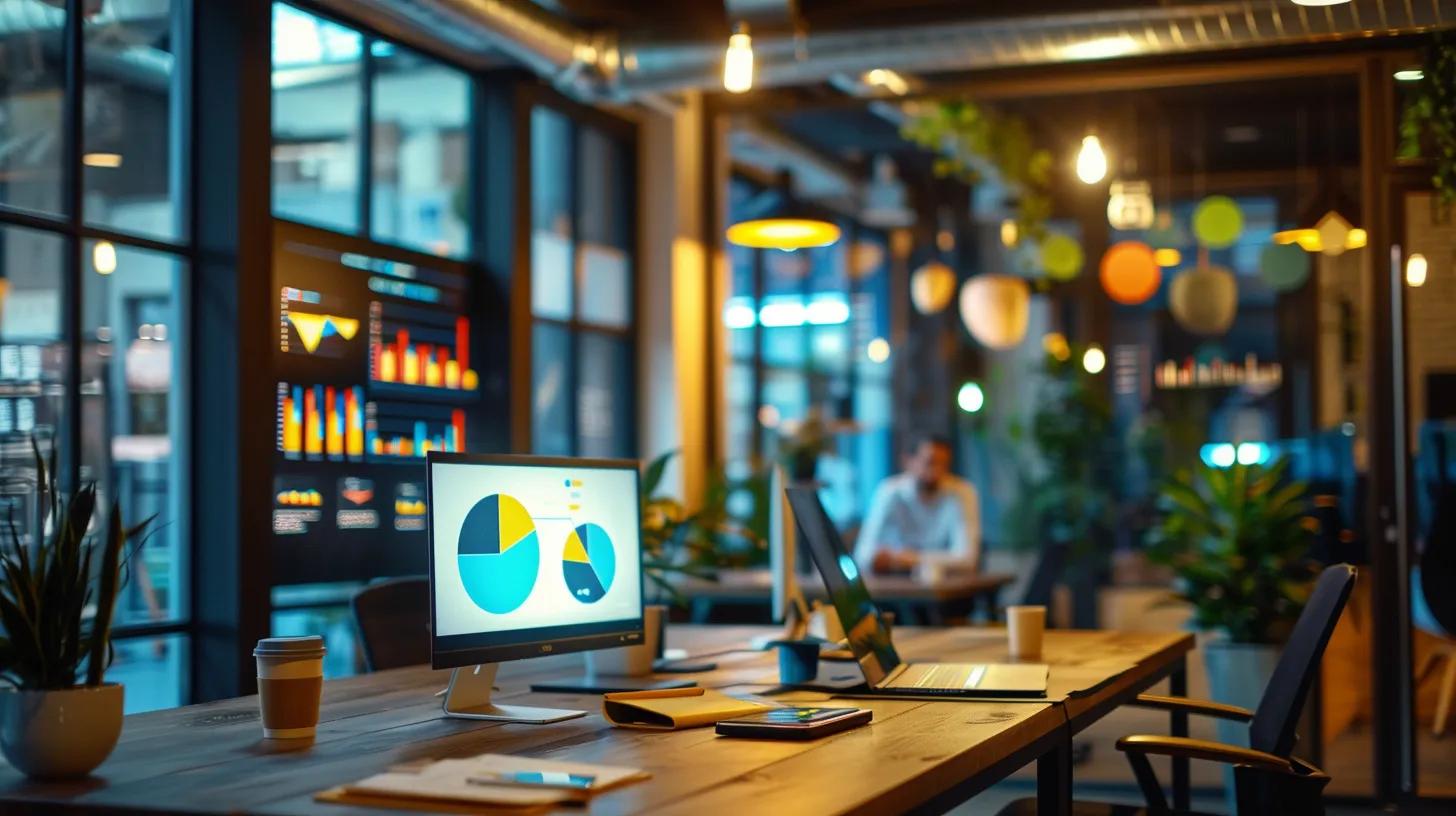 a vibrant small business office filled with engaging visual displays highlighting customer loyalty metrics, illuminated by soft, warm lighting that creates an inviting atmosphere for effective email marketing strategy discussions.