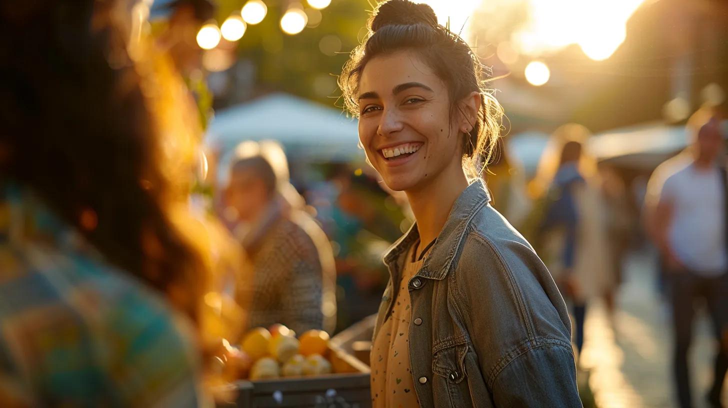 a vibrant small business owner engages warmly with customers at a bustling community event, showcasing personalised service and fostering strong relationships under soft, golden hour lighting.
