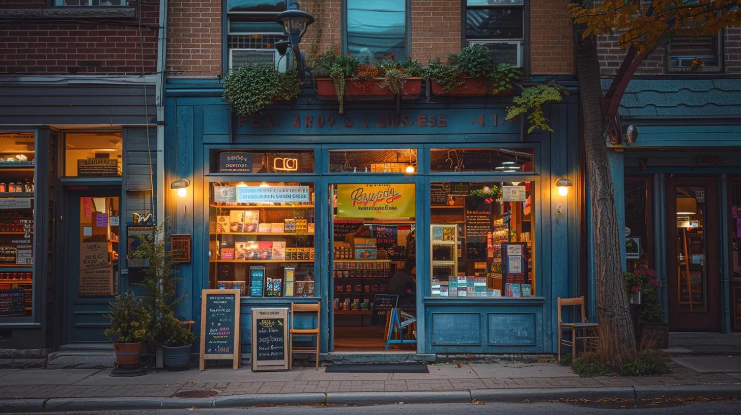 a vibrant small business storefront adorned with colourful signage, bathed in the warm glow of golden hour, showcasing a friendly atmosphere that invites local customers while capturing the essence of enhanced online presence through local seo.