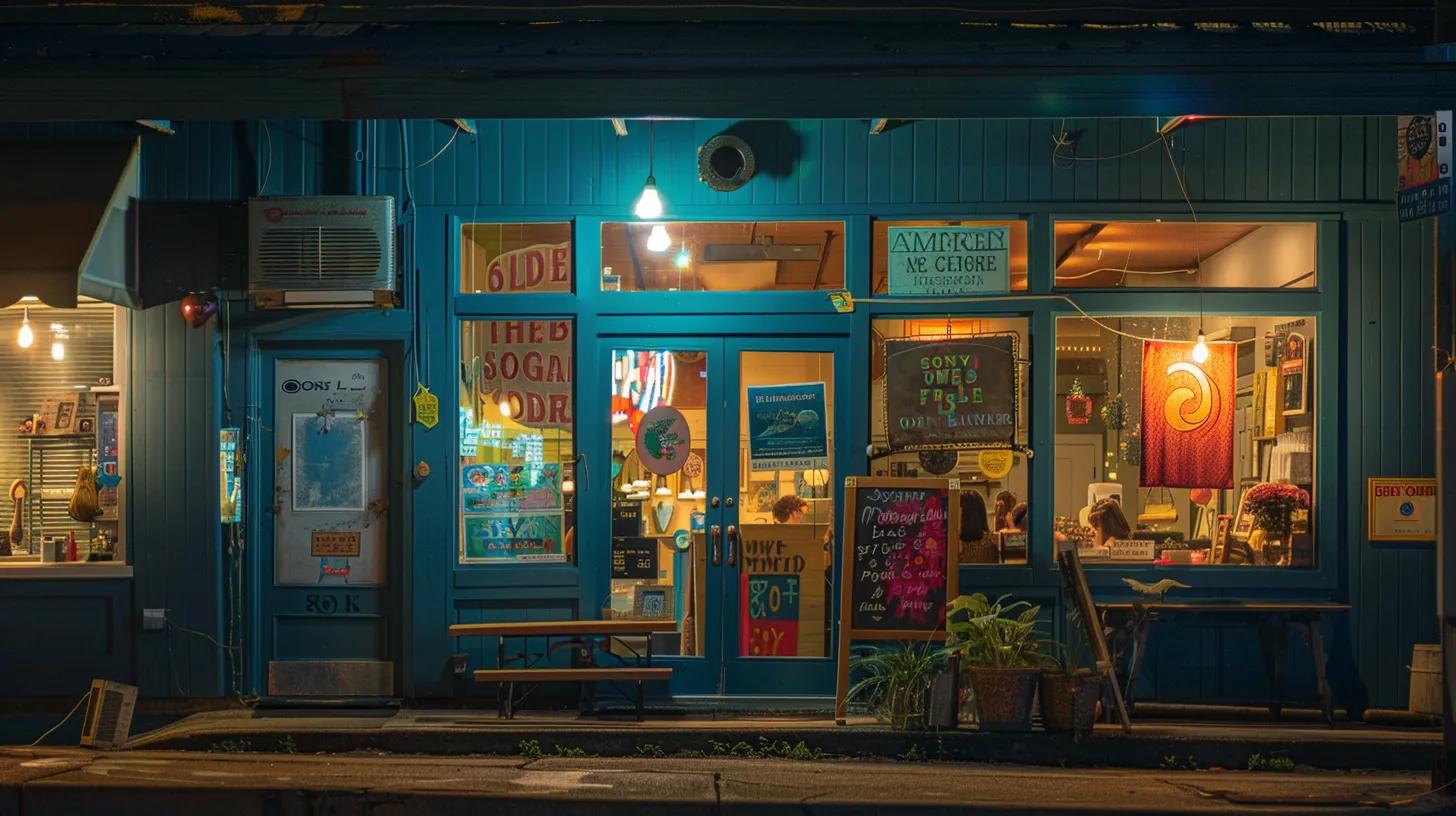 a vibrant small business storefront adorned with local artwork, bustling with nearby customers engaging with a promotional sign that highlights special offers, set against a warm evening glow to evoke a sense of community connection.