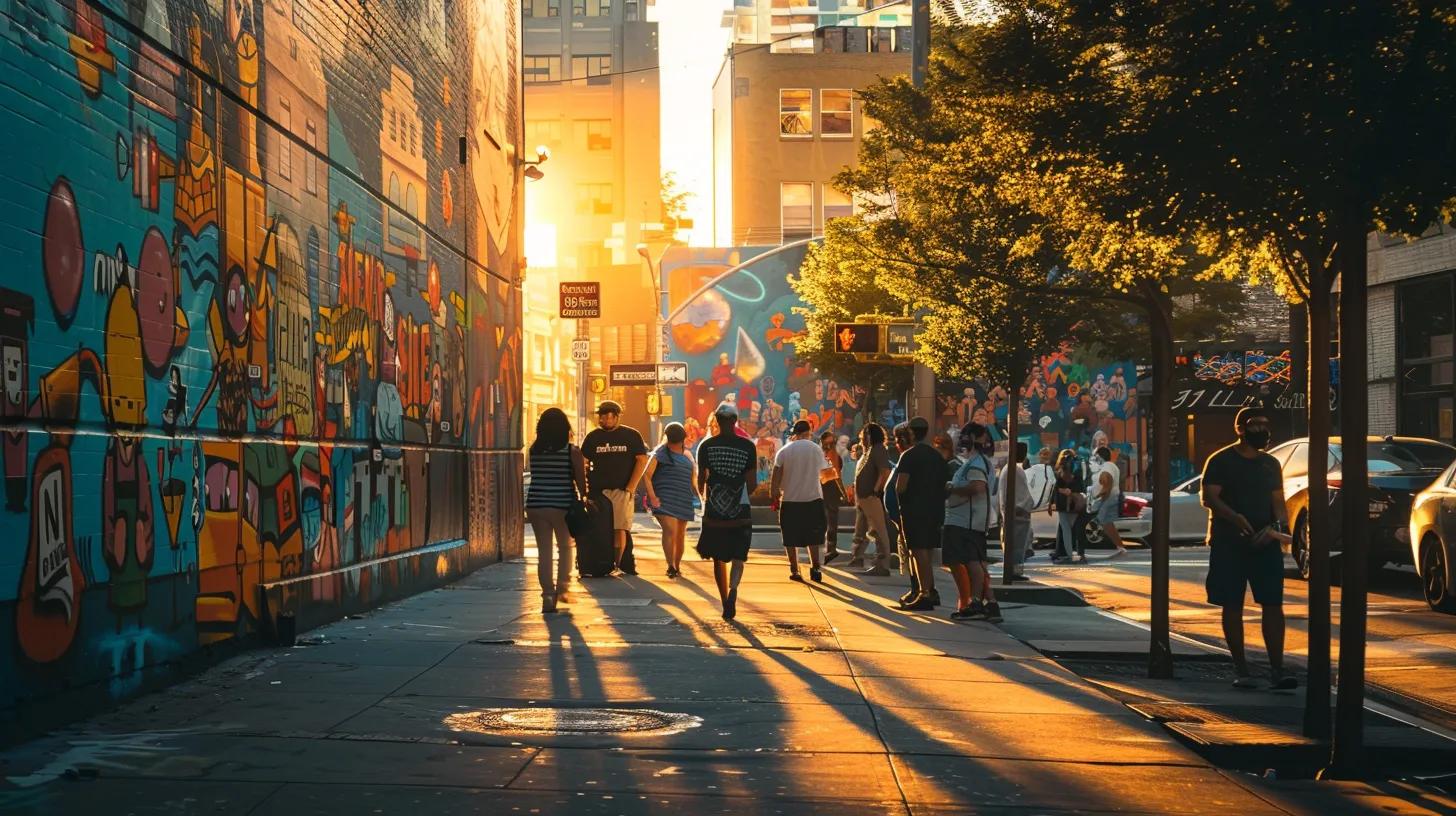 a vibrant street scene showcases an eye-catching guerrilla marketing mural, vividly illustrating small business themes and featuring interactive qr codes, all under the warm glow of golden hour sunlight.