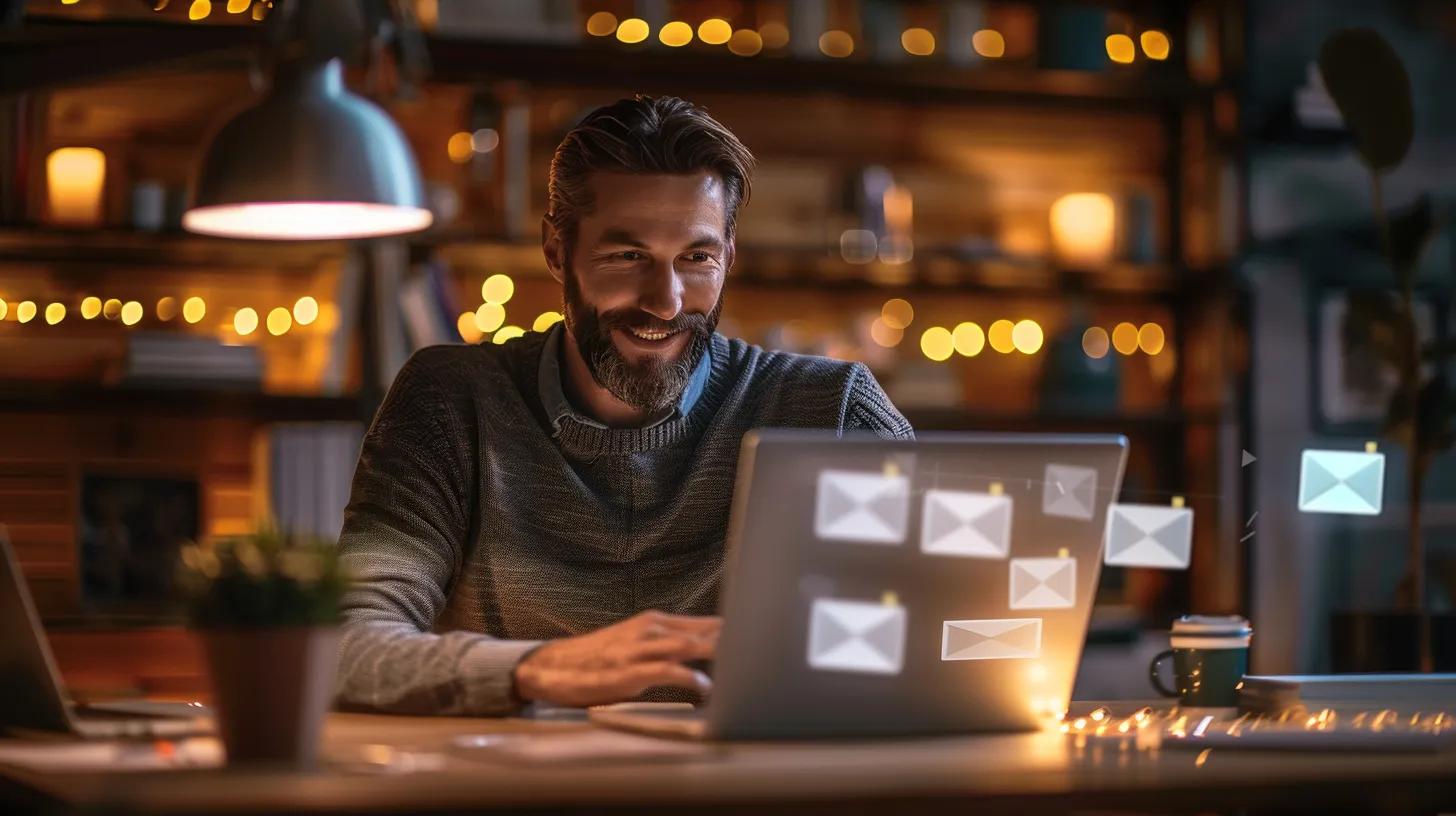 a warm and inviting scene of a small business owner engaged in a thoughtful conversation with a satisfied customer, surrounded by a backdrop of open email communications displayed on a laptop, emphasising trust and transparency in customer relationships.