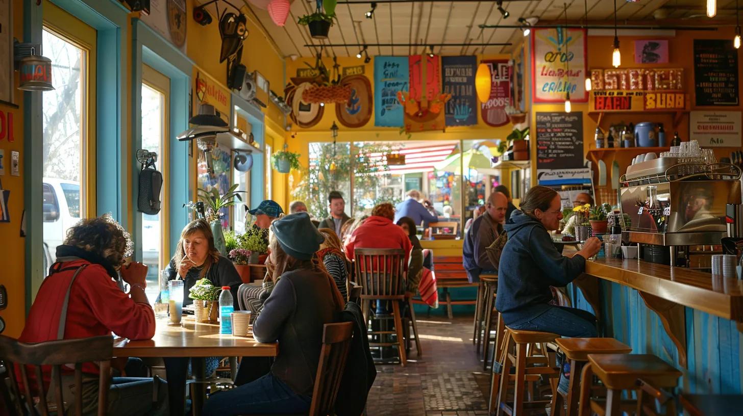 a vibrant, bustling café scene captures a diverse group of small business owners engaging in a dynamic social media marketing workshop, surrounded by colourful visual aids and lively discussions.