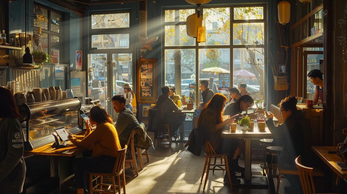 a vibrant café scene buzzing with engaged patrons sharing their experiences on smartphones, illuminated by warm sunlight streaming through the windows, capturing the essence of community and social media interaction.