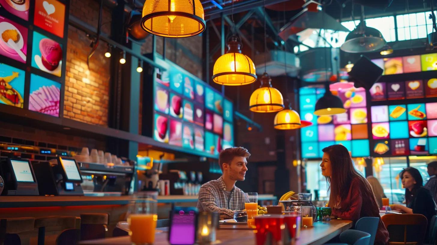 a vibrant small business owner enthusiastically engages with a diverse group of customers in a bustling café, surrounded by eye-catching social media posts on screens and colorful promotional materials that highlight digital marketing strategies.