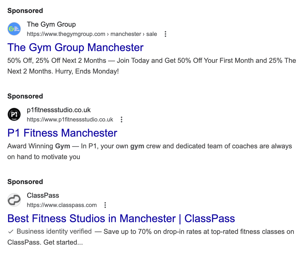 Some examples of Google Ads shown when searching for gyms in Manchester